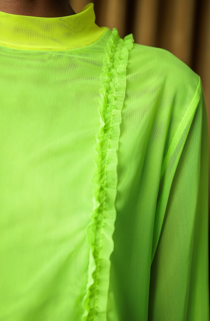 Lumo Green Stretch Mesh T-Shirt with Acid Yellow and Ruffle Details