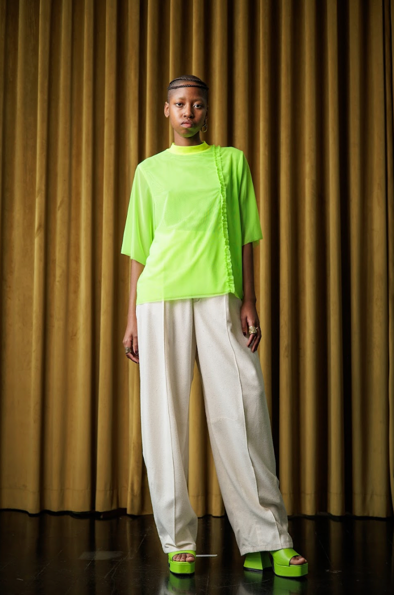 Lumo Green Stretch Mesh T-Shirt with Acid Yellow and Ruffle Details