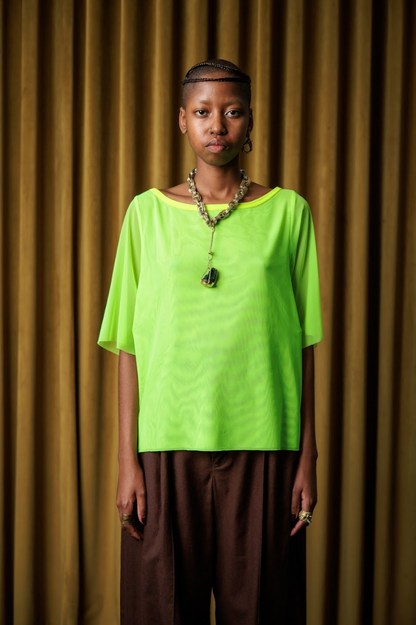 Lumo Green Boat Neck T-shirt in Stretch Mesh