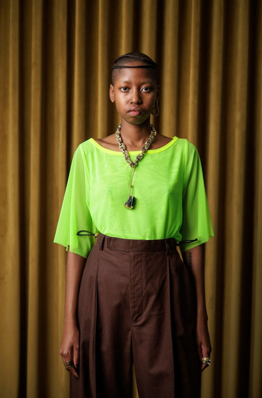 Lumo Green Boat Neck T-shirt in Stretch Mesh