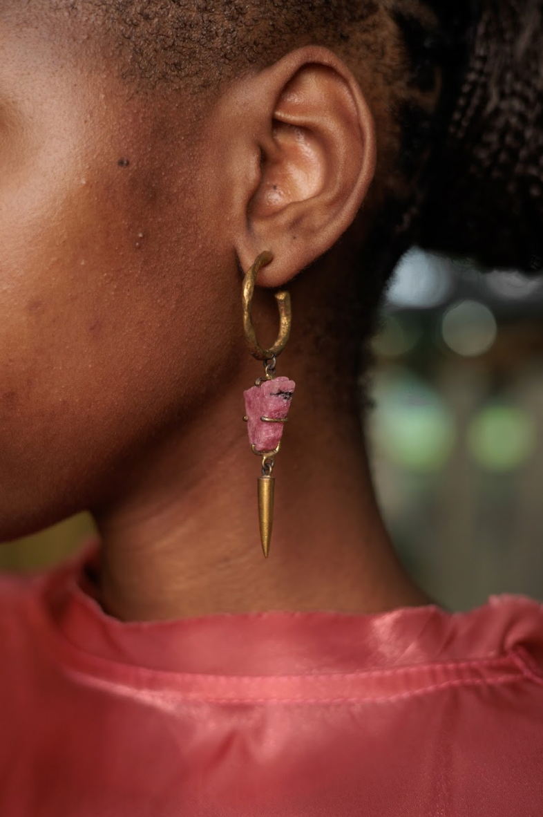 Brass Hoop Earring with Phosphosiderite Stone and Spike