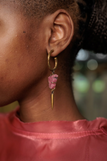 Brass Hoop Earring with Phosphosiderite Stone and Spike