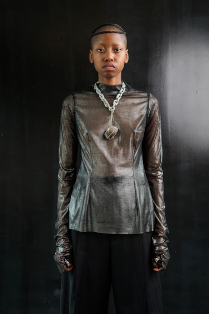 Galactic Translucent Silver Stretch Mesh Racer Top