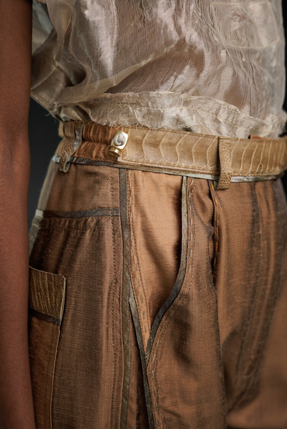 Wet Dust Tailored Wool Arched-Leg Pants with Ostrich leather Shin Details - Made To Order