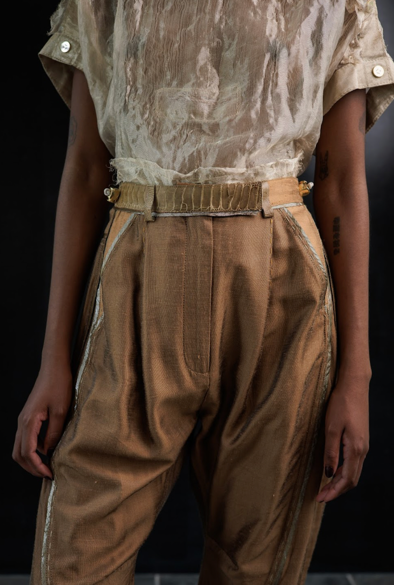 Wet Dust Tailored Wool Arched-Leg Pants with Ostrich leather Shin Details - Made To Order