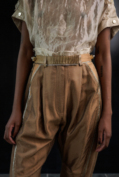 Wet Dust Tailored Wool Arched-Leg Pants with Ostrich leather Shin Details - Made To Order