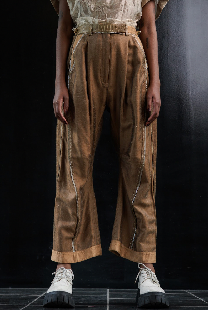 Wet Dust Tailored Wool Arched-Leg Pants with Ostrich leather Shin Details - Made To Order
