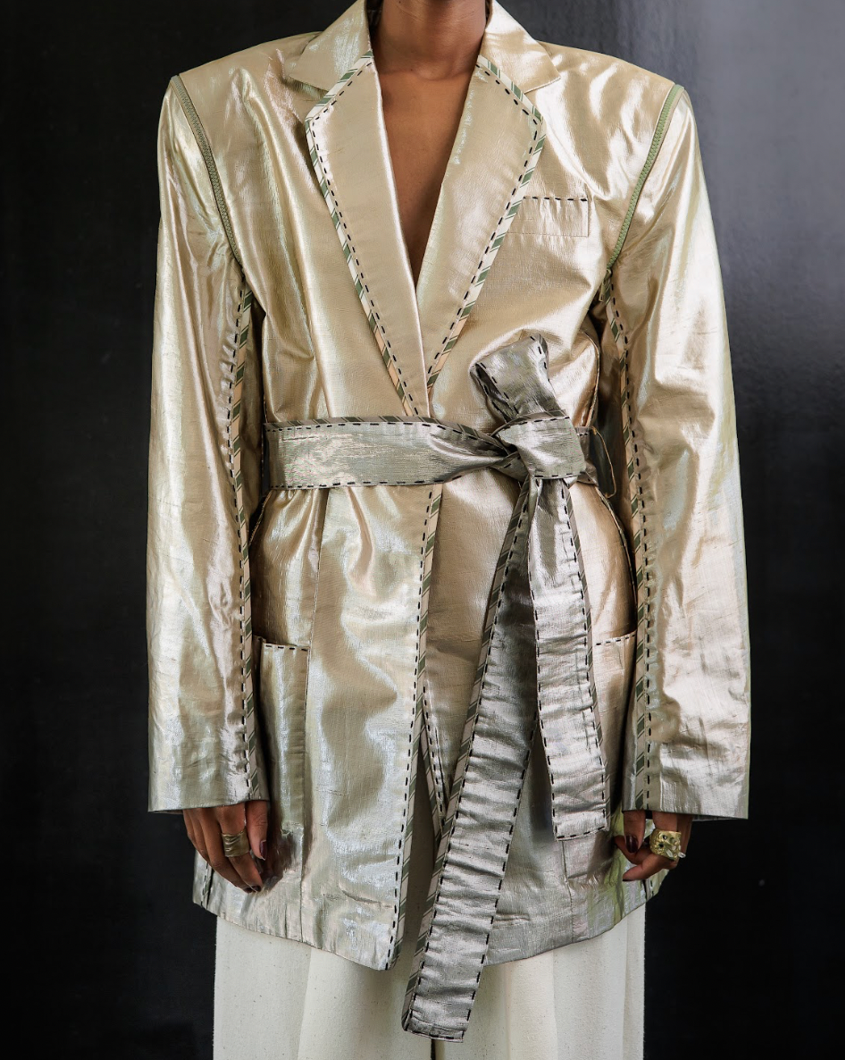Botanical Dyed Radiating Jewel Tailored Jacket with Detachable Sleeves in Silk Lamé