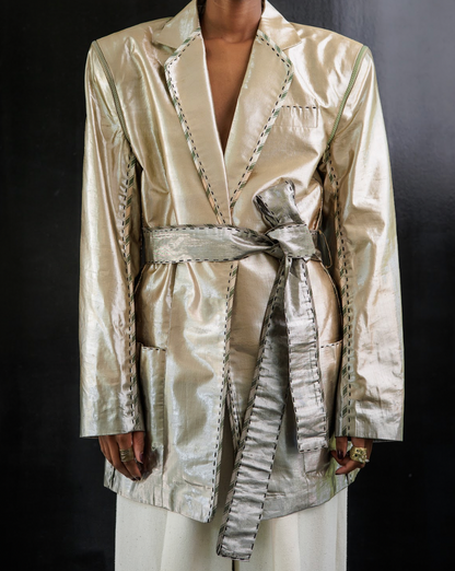 Botanical Dyed Radiating Jewel Tailored Jacket with Detachable Sleeves in Silk Lamé