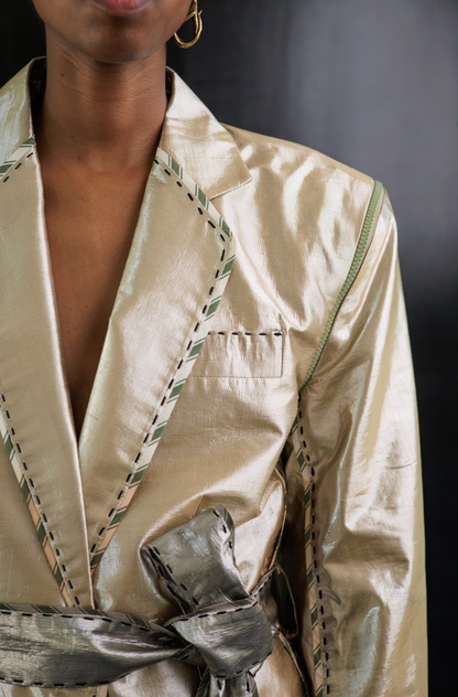 Botanical Dyed Radiating Jewel Tailored Jacket with Detachable Sleeves in Silk Lamé