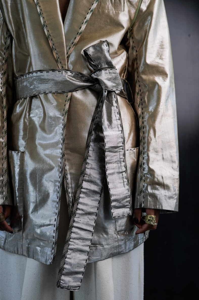Botanical Dyed Radiating Jewel Tailored Jacket with Detachable Sleeves in Silk Lamé
