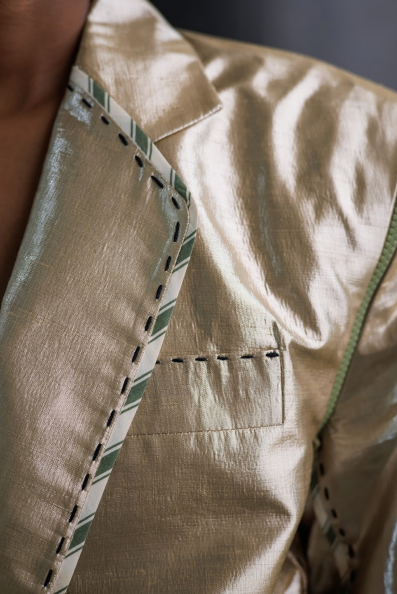 Botanical Dyed Radiating Jewel Tailored Jacket with Detachable Sleeves in Silk Lamé