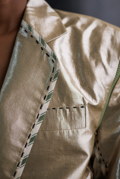 Botanical Dyed Radiating Jewel Tailored Jacket with Detachable Sleeves in Silk Lamé