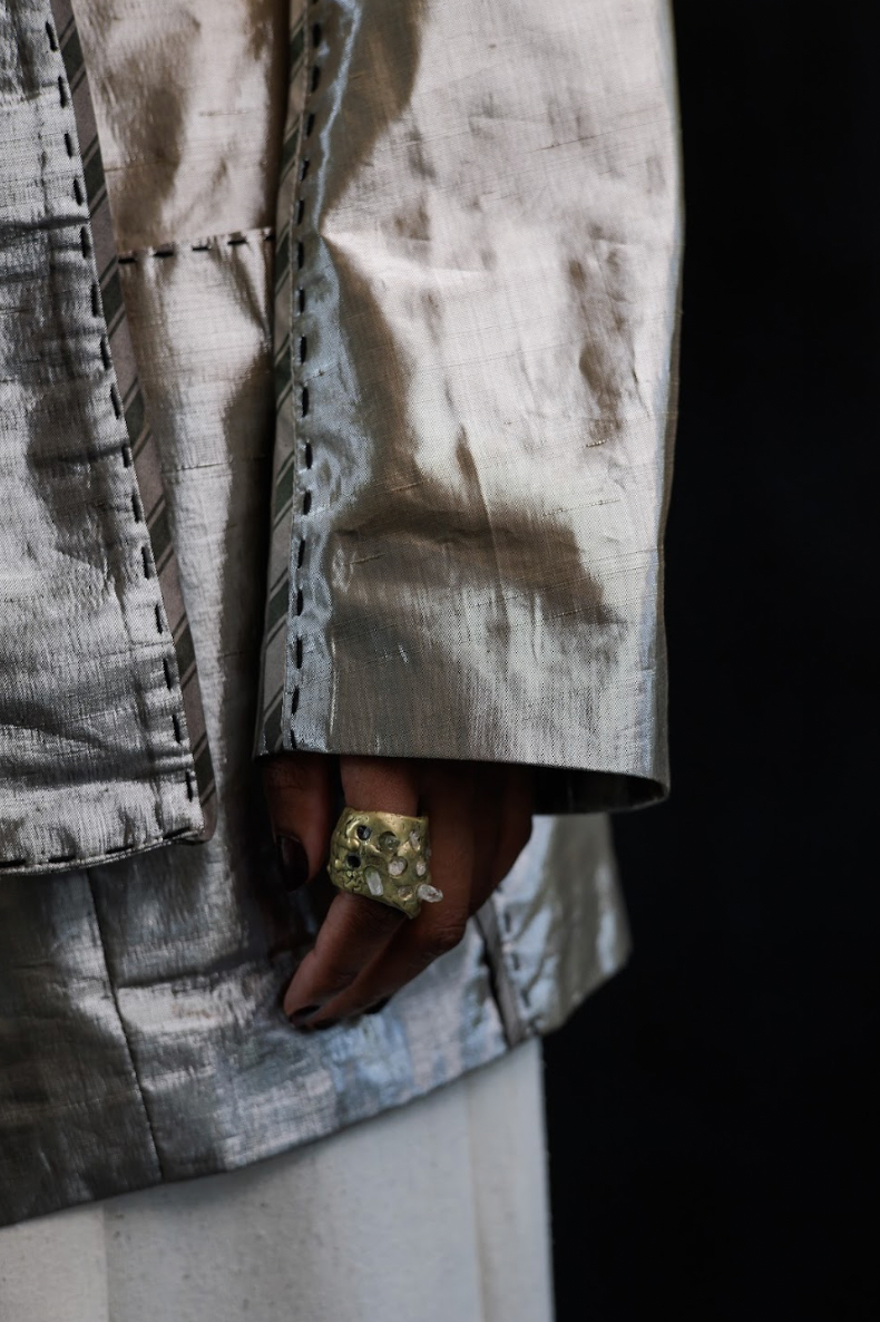Botanical Dyed Radiating Jewel Tailored Jacket with Detachable Sleeves in Silk Lamé