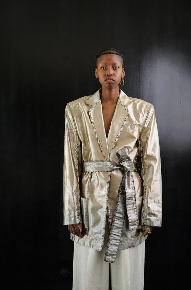 Botanical Dyed Radiating Jewel Tailored Jacket with Detachable Sleeves in Silk Lamé