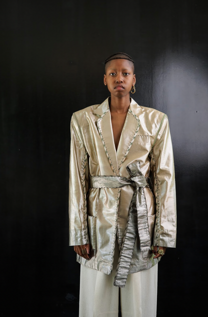 Botanical Dyed Radiating Jewel Tailored Jacket with Detachable Sleeves in Silk Lamé