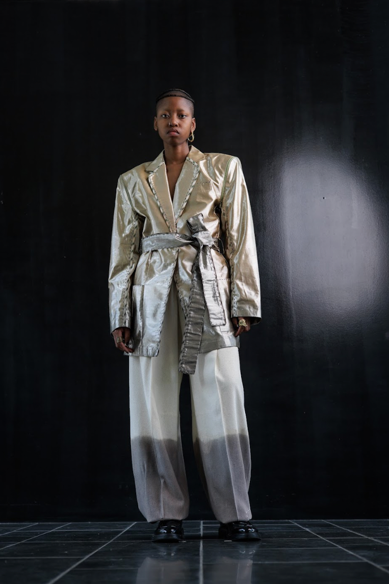 Botanical Dyed Radiating Jewel Tailored Jacket with Detachable Sleeves in Silk Lamé