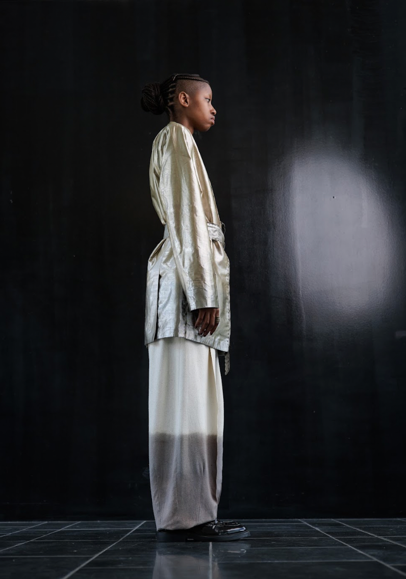 Botanical Dyed Radiating Jewel Tailored Jacket with Detachable Sleeves in Silk Lamé