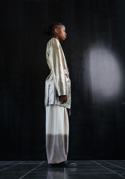 Botanical Dyed Radiating Jewel Tailored Jacket with Detachable Sleeves in Silk Lamé