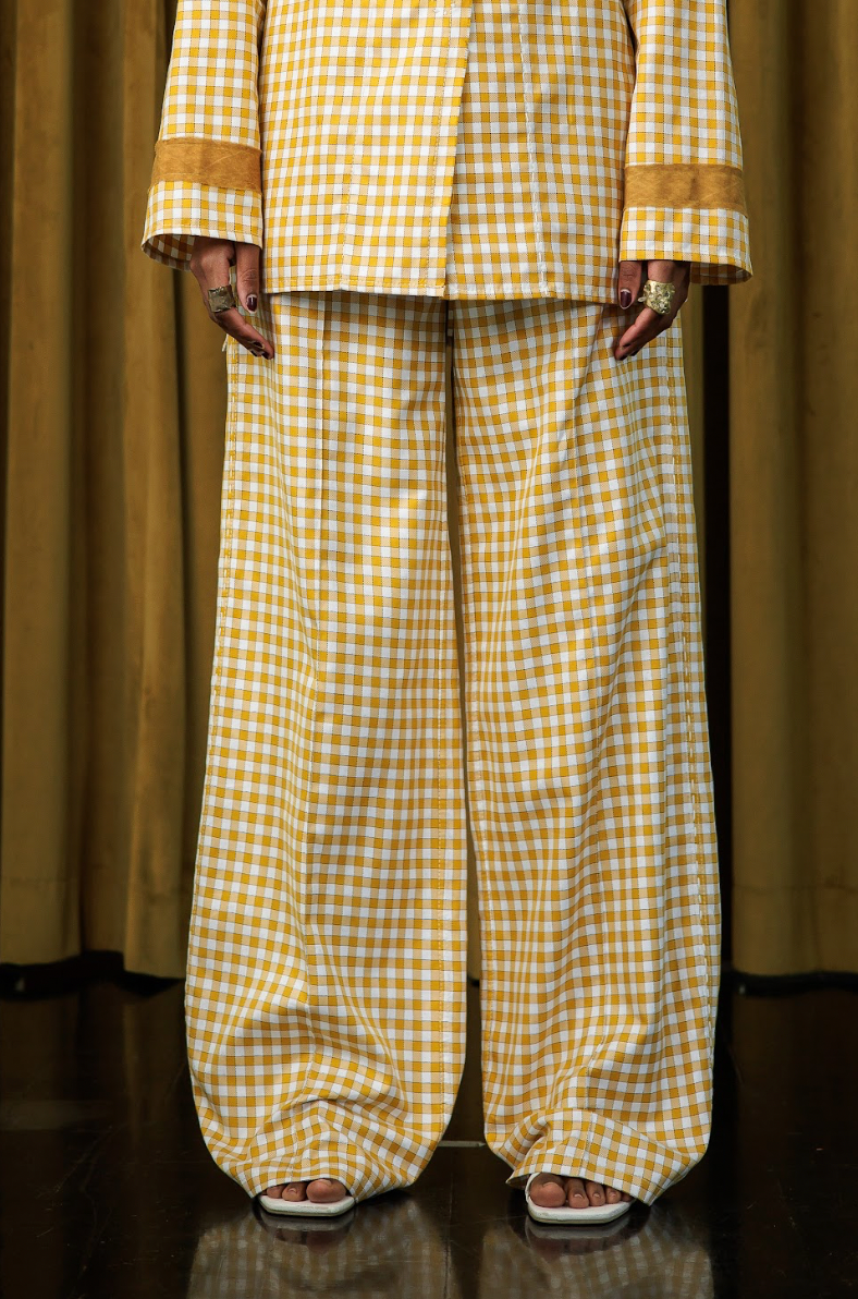 Mustard Boxelder Straight-Cut Pants in Couture Checked Cotton