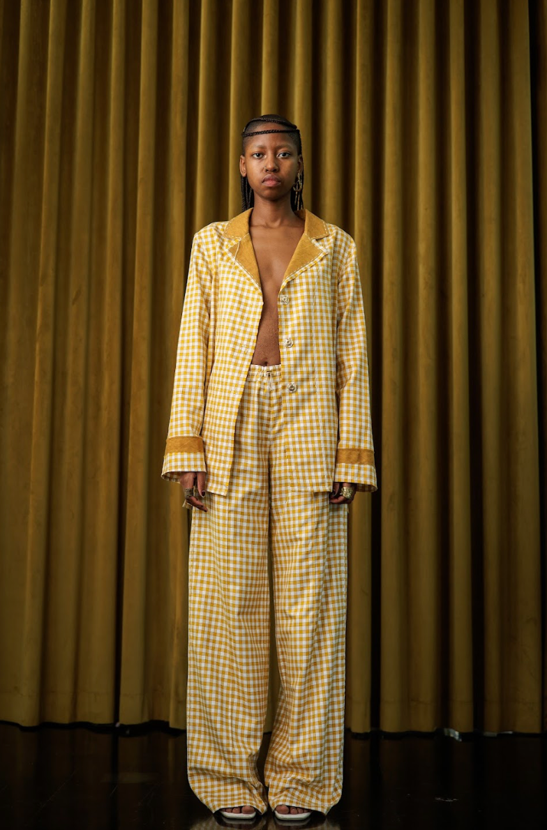 Mustard Boxelder Straight-Cut Pants in Couture Checked Cotton