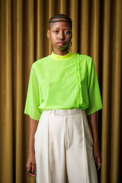 Lumo Green Stretch Mesh T-Shirt with Acid Yellow and Ruffle Details