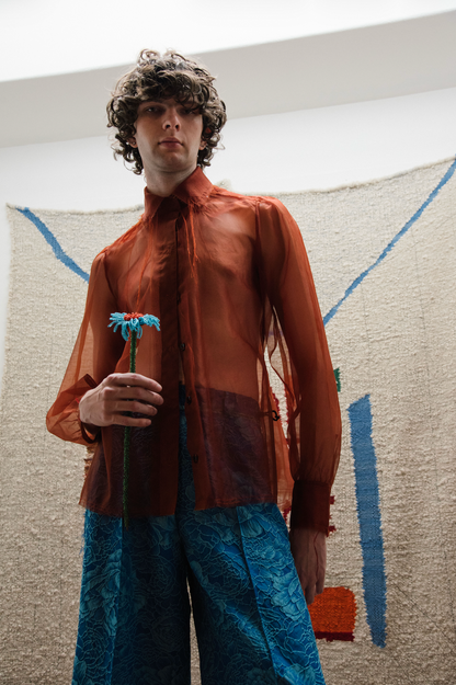 Morning Star Gathered-Sleeve Classic Shirt in Couture Silk Organza