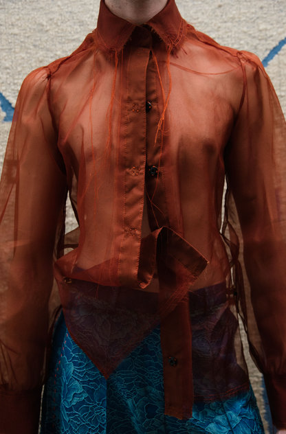 Morning Star Gathered-Sleeve Classic Shirt in Couture Silk Organza