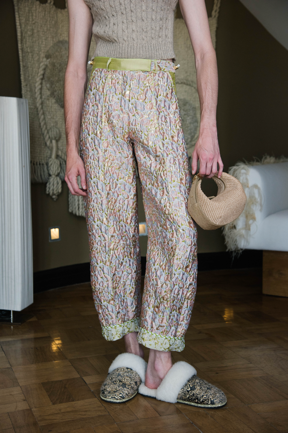 Exo-Sculpt Barrel-Leg Pants in Couture Brocade