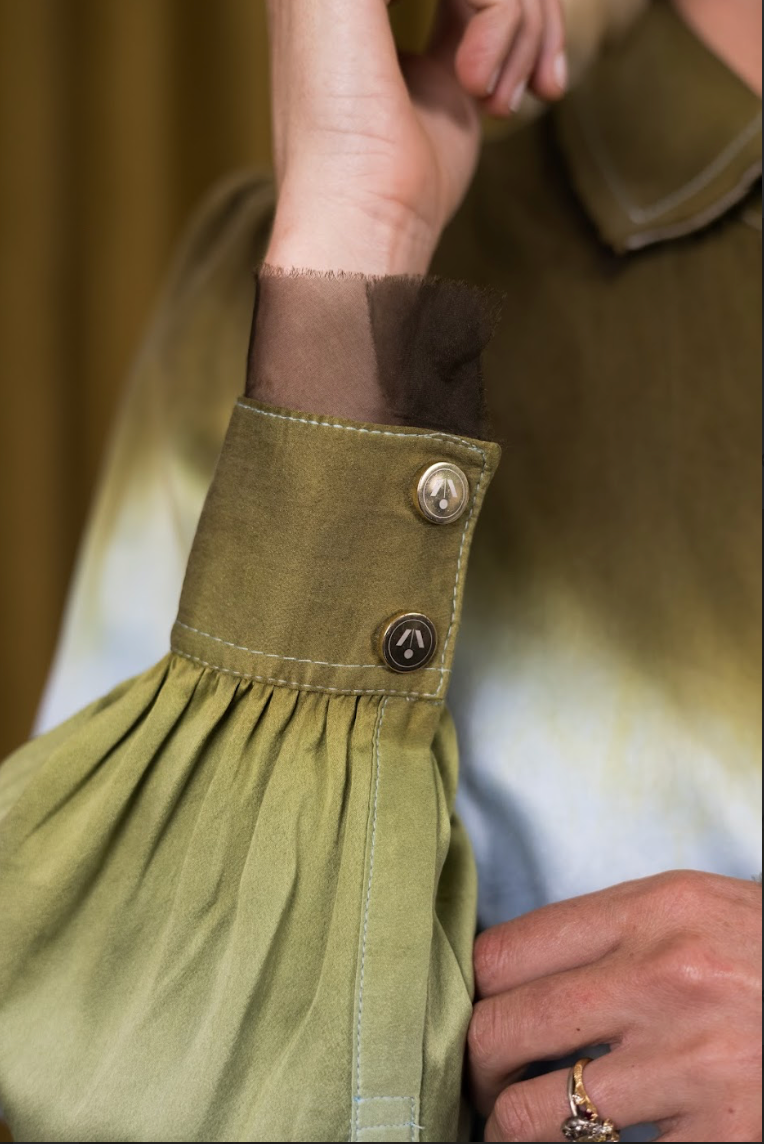 Blue Jewels Gathered-Sleeve Classic Shirt in Silk Habotai
