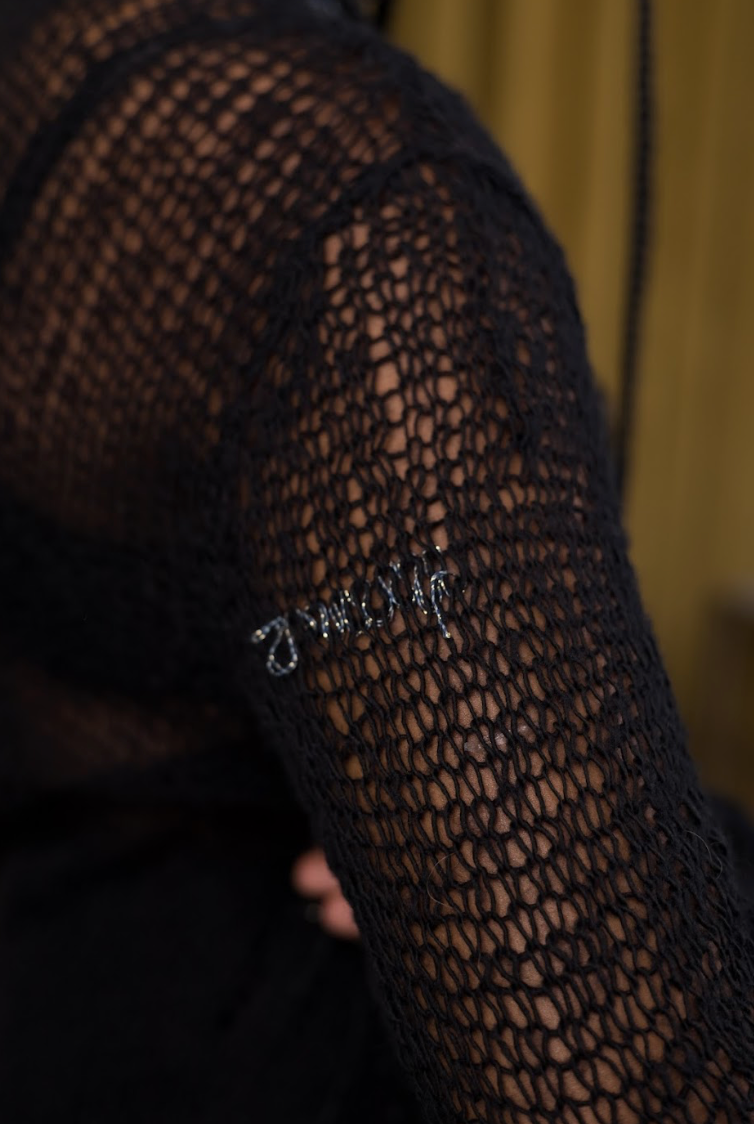Black and Grey Artisanal Wool Knitted Turtleneck Top