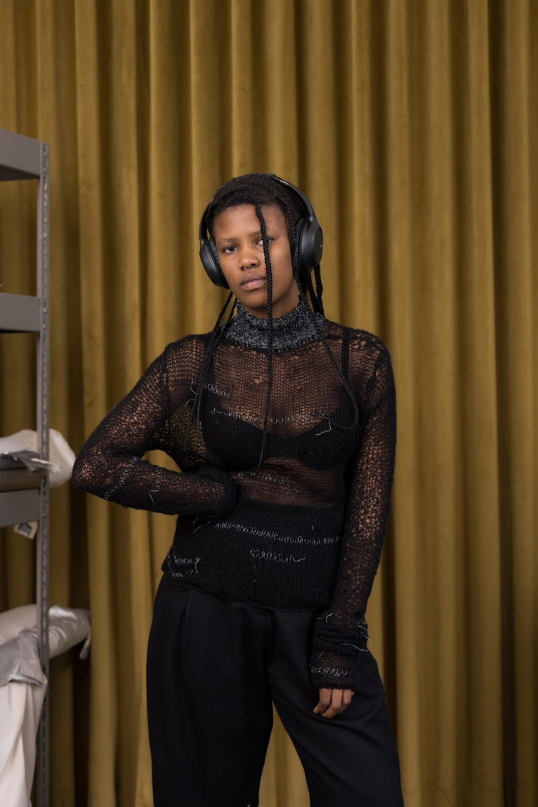 Black and Grey Artisanal Wool Knitted Turtleneck Top