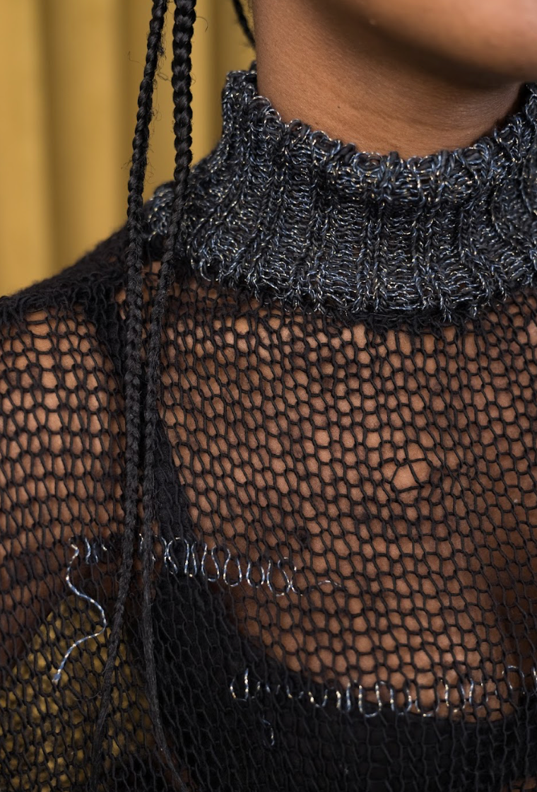 Black and Grey Artisanal Wool Knitted Turtleneck Top