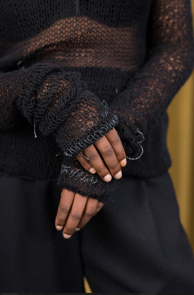 Black and Grey Artisanal Wool Knitted Turtleneck Top