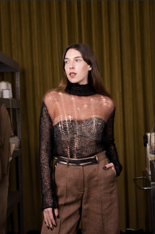 Black and Rusty Pink Artisanal Silk Mohair Turtleneck Top