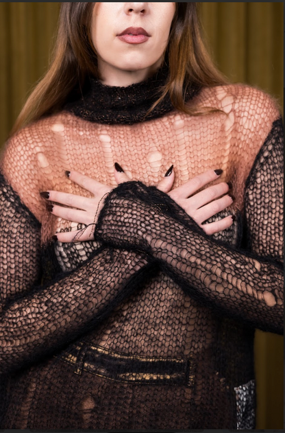 Black and Rusty Pink Artisanal Silk Mohair Turtleneck Top