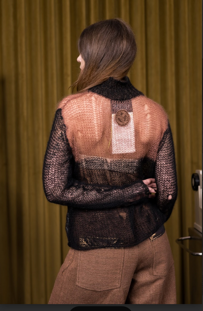 Black and Rusty Pink Artisanal Silk Mohair Turtleneck Top