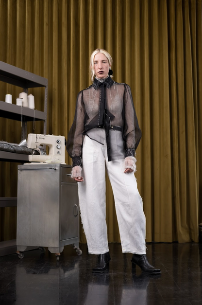 Charon Gathered-Sleeve Classic Shirt in Silk Organza