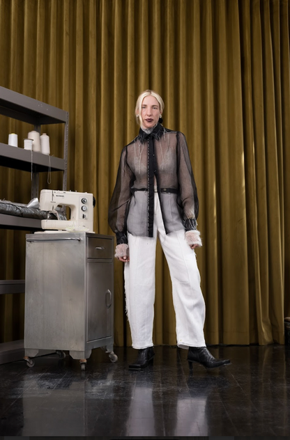Charon Gathered-Sleeve Classic Shirt in Silk Organza