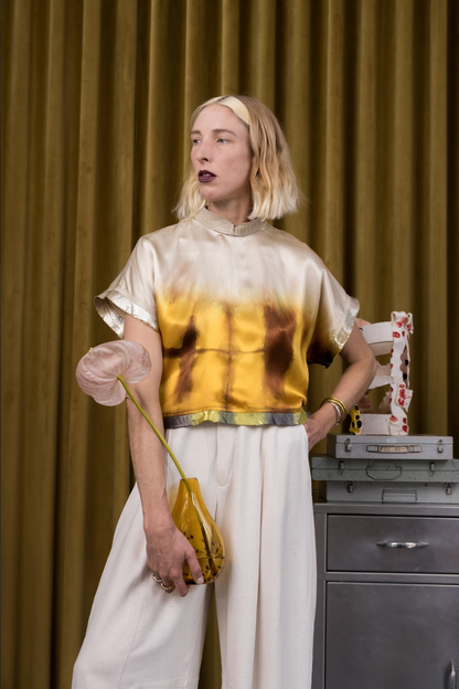 Hand-Dyed Champagne Qipao Top in Reclaimed Acetate with Ostrich Shin Collar