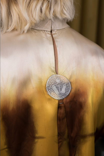 Hand-Dyed Champagne Qipao Top in Reclaimed Acetate with Ostrich Shin Collar