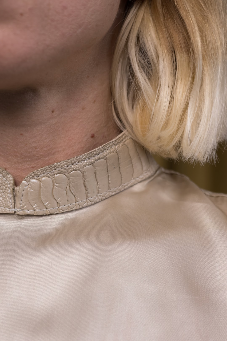 Hand-Dyed Champagne Qipao Top in Reclaimed Acetate with Ostrich Shin Collar