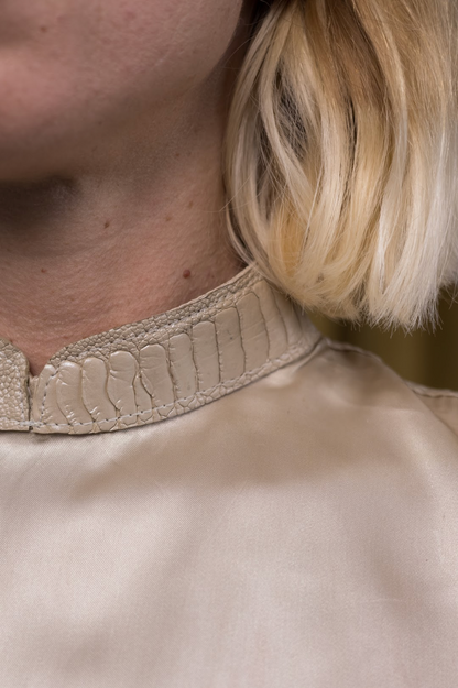 Hand-Dyed Champagne Qipao Top in Reclaimed Acetate with Ostrich Shin Collar
