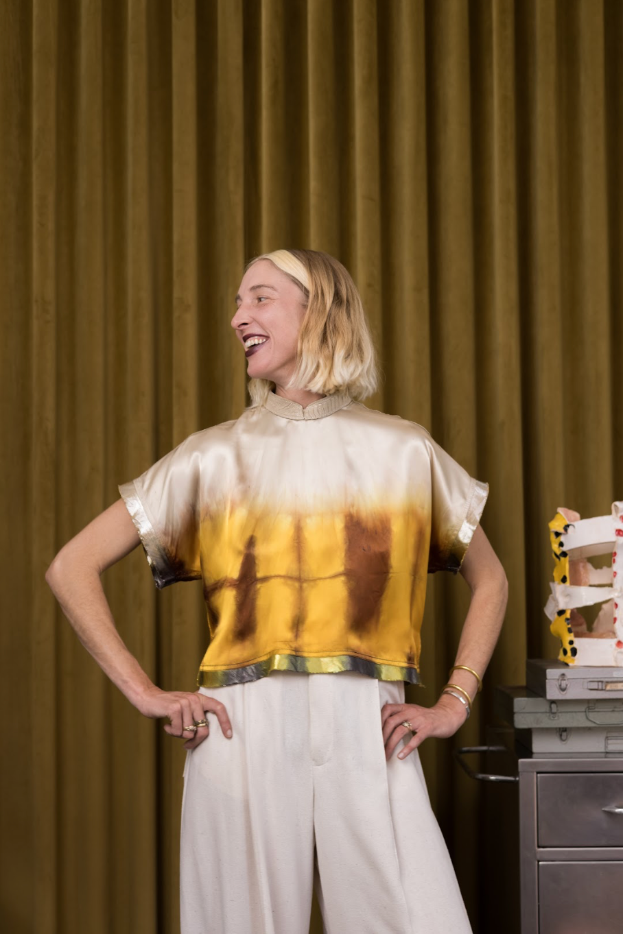Hand-Dyed Champagne Qipao Top in Reclaimed Acetate with Ostrich Shin Collar