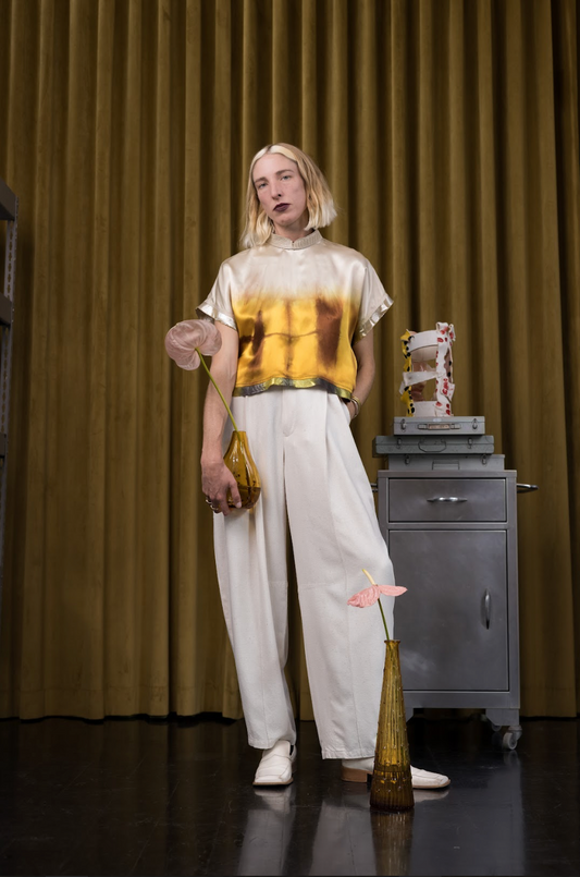 Hand-Dyed Champagne Qipao Top in Reclaimed Acetate with Ostrich Shin Collar