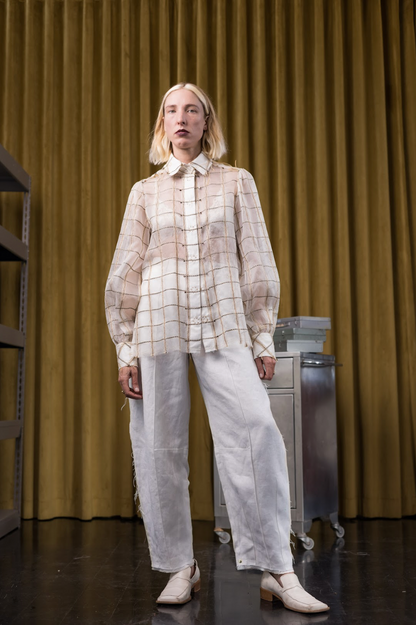 King's Pawn Classic Shirt with Gathered Sleeves in Corded Silk Organza