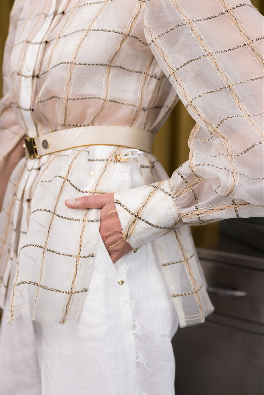 King's Pawn Classic Shirt with Gathered Sleeves in Corded Silk Organza