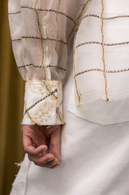 King's Pawn Classic Shirt with Gathered Sleeves in Corded Silk Organza