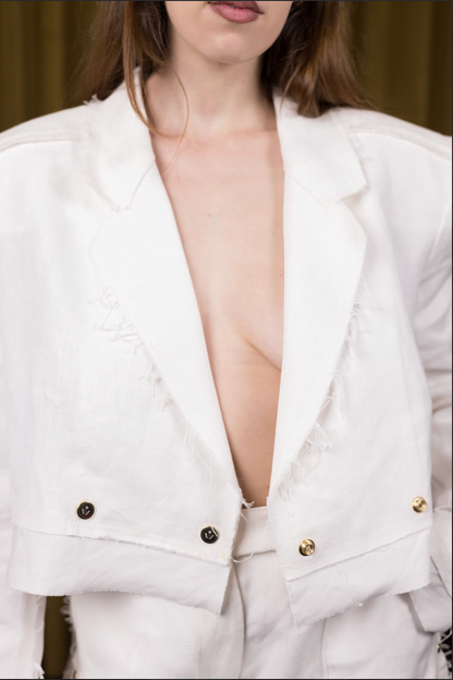Polar White Double Breasted Cropped Jacket in Organic Hemp
