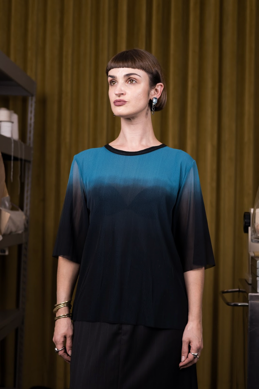 Deep Ocean Dip Dyed Stretch Mesh Top